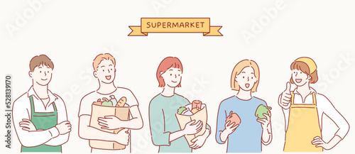 Set of people in supermarket. Hand drawn style vector design illustrations.