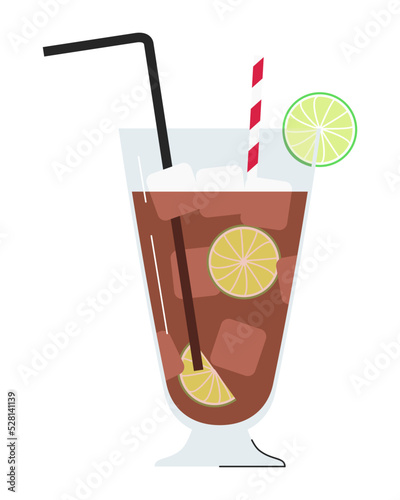 Long island iced tea isolated on white. Popular summer strong  alcoholic cocktail decorated with lime, ice cubes and stripped straw. Tropical exotic sweet drink. Flat vertical vector illustration