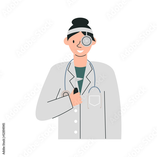 Otolaryngologist in medical uniform with instrument isolated on white.  Female audiologist doctor with otoscope is ready for ear examination and deafness treatment. Hand drawn flat vector illustration