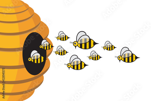 Vector illustration of a beehive. Illustration of a beehive on a tree branch. A swarm of bees perched on the hive
