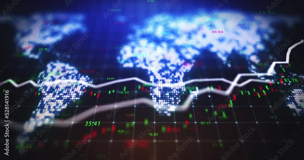 Global economy and stock market exchange with cryptocurrency, inflation and blockchain digital technology as money. Future, forex and world financial data analytics with trade price growth profit