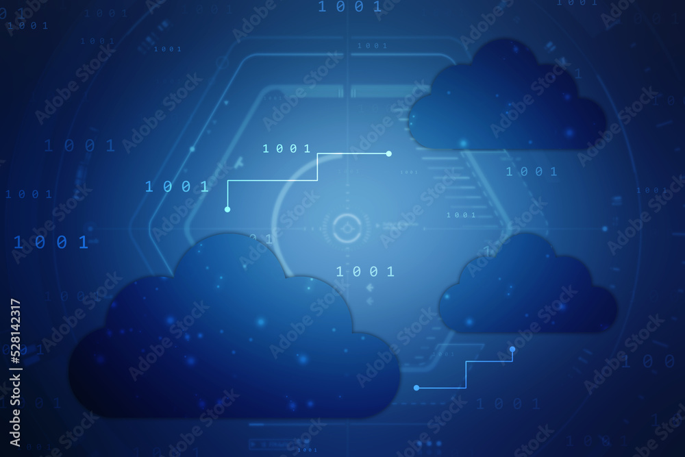 2d illustration of Cloud computing, Digital Cloud computing Concept background. Cyber technology, internet data storage, database and data server concept