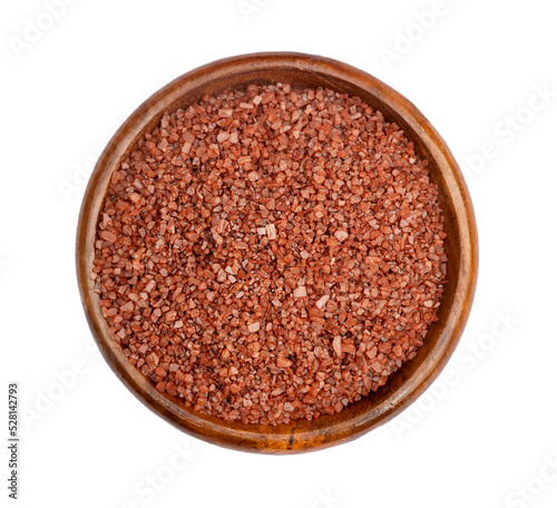 Hawaiian red salt in bowl flat lay isolated