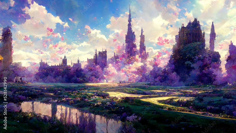 Fototapeta premium Beautiful landscape, fantasy world, suburbs, sky, clouds, digital illustration
