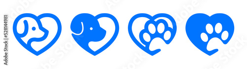 Dog Love Heart with cute puppy face and dog paw vector illustration set in blue color. Best used for pet care, pet-friendly logo.	
