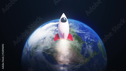 3D Render Rocket Jet Fly And Big Blue Earth Planet Background On Galaxy Space Star Field 3D Illustration