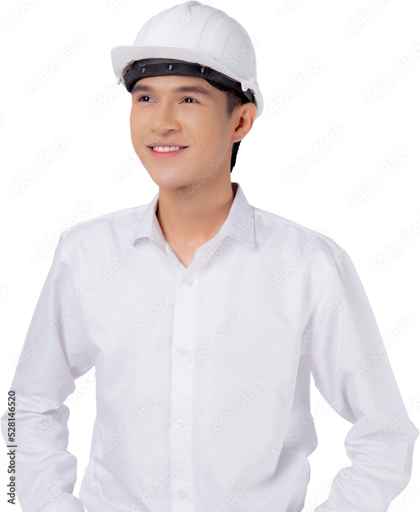 Portrait young asian man is engineer wearing helmet standing and smiling with confident transparent, handsome male is architect or contractor, worker or labor, industrial concept. Portrait young asian man is engineer wearing helmet standing and smiling with confident transparent, handsome male is architect or contractor, worker or labor, industrial concept.