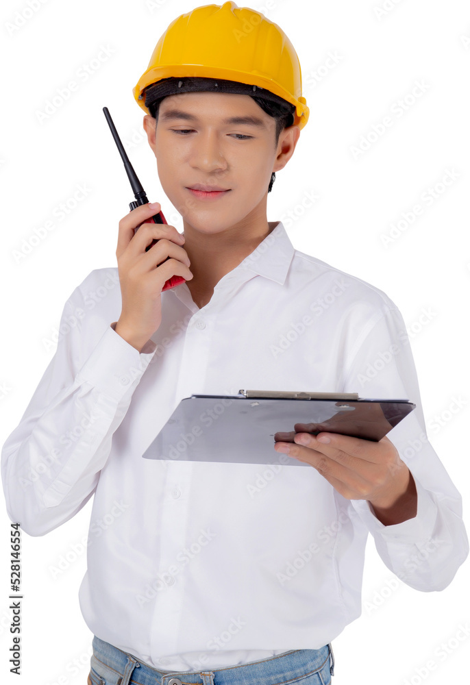 Portrait young asian man is engineer wearing helmet standing and using radio for speak with confidence while holding report document transparent, male is architect or contractor. Portrait young asian man is engineer wearing helmet standing and using radio for speak with confidence while holding report document transparent, male is architect or contractor.