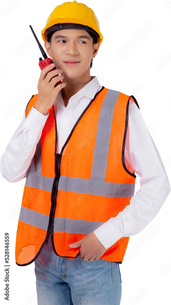 Portrait young asian man is engineer wearing helmet standing and using radio for speak with confidence transparent, handsome male is architect or contractor, worker or labor concept. Portrait young asian man is engineer wearing helmet standing and using radio for speak with confidence transparent, handsome male is architect or contractor, worker or labor concept.