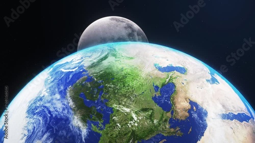 3D Render Show Up Moon Behind Close Up Earth Planet On Galaxy Space 3D Illustration Background