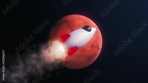 3D Render Space Traveler Rocket Jet Fly And Big Red Mars Planet Background On Galaxy Space Star Field 3D Illustration