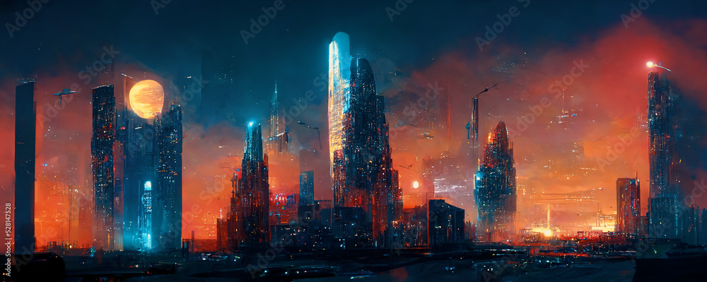 Spectacular nighttime in cyberpunk city of the futuristic fantasy world features skyscrapers, flying cars, and neon lights. Digital art 3D illustration. Acrylic painting. - obrazy, fototapety, plakaty 