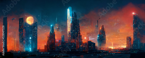 Photographie Spectacular nighttime in cyberpunk city of the futuristic fantasy world features skyscrapers, flying cars, and neon lights