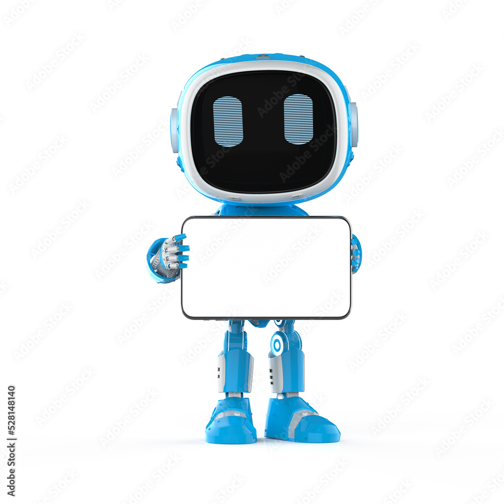Blue robotic assistant or artificial intelligence robot with empty screen tablet