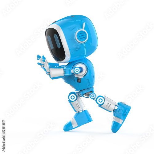 Blue robotic assistant or artificial intelligence robot pushing photo