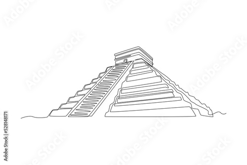 Continuous one line drawing Mayan pyramid in Mexico. Landmark concept.  Single line draw design vector graphic illustration.