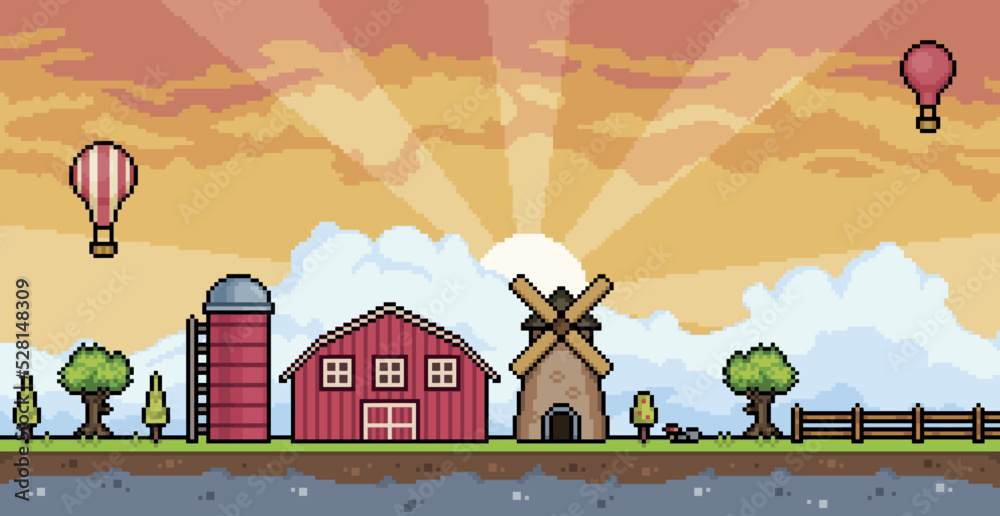 Pixel art farm landscape at sunset with barn, silo, mill, fence, tree 8 ...