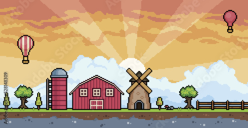 Pixel art farm landscape at sunset with barn, silo, mill, fence, tree 8 bit game background