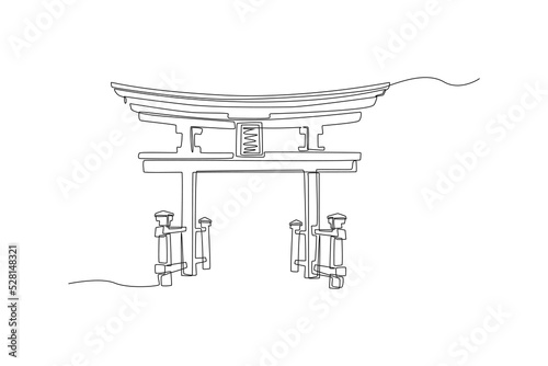 Continuous one line drawing Tori gate in Japan. Landmark concept. Single line draw design vector graphic illustration.