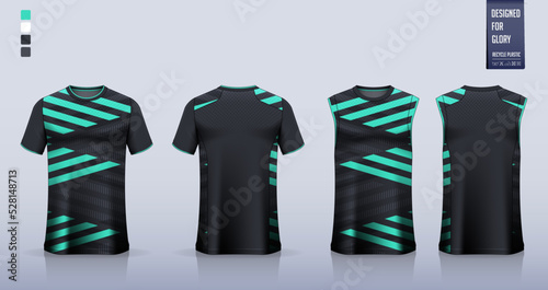 Black t-shirt sport, Soccer jersey, football kit, basketball uniform, tank top, and running singlet mockup. Fabric pattern design. Vector.