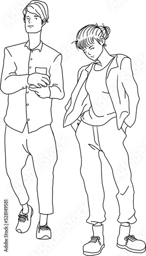 Couple of teenagers minimal hand drawing with different poses black and white