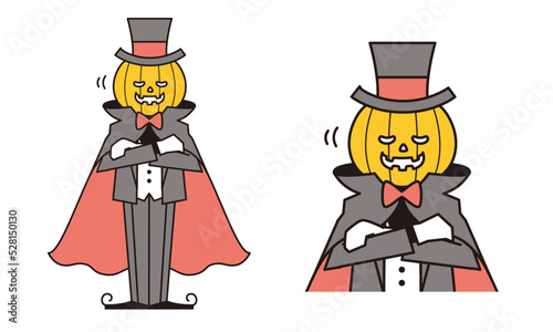 腕組みしてうなずくマントをなびかせた頭がカボチャのドラキュラ男爵のイラスト素材。
