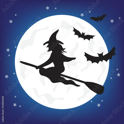 Vector witch silhouette over the Moon. Halloween illustration of mysterious night with full moon and flying witch.