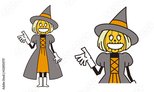 手の平をみせて何かを伝えるポーズをするドレスを着た頭が南瓜の魔女のイラスト素材。