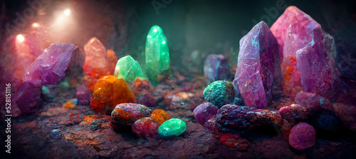 3D rendering. Colorful gemstones inside a magical cave. 3D illustration