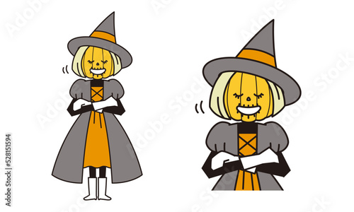 腕組みしてうなずくドレスを着た頭が南瓜の魔女のイラスト素材。