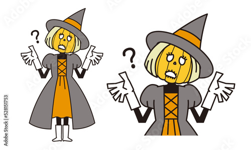 首を傾げてWhy?のポーズをするドレスを着た頭が南瓜の魔女のイラスト素材。