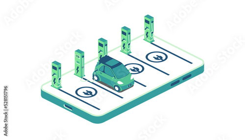 Green energy technology concept. Electric car charge battery in charging station on smartphone screen. Isometric vector flat design.