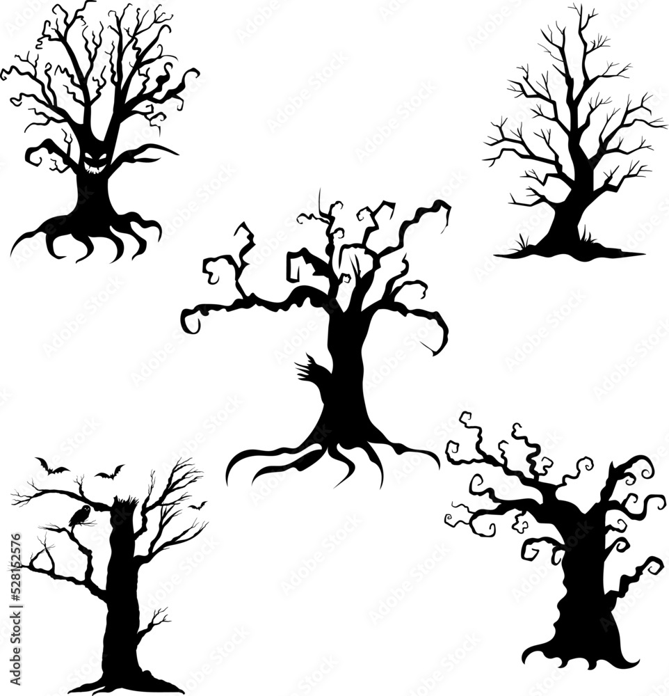 Spooky trees silhouette collection of Halloween vector isolated on white background. scary, haunted and creepy curly plant element, Scary trees for Halloween.