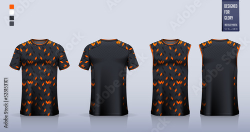 Black t-shirt sport, Soccer jersey, football kit, basketball uniform, tank top, and running singlet mockup. Fabric pattern design. Vector.