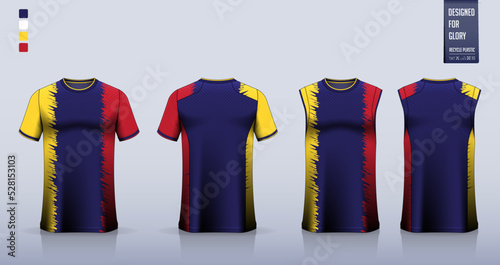 Blue t-shirt sport, Soccer jersey, football kit, basketball uniform, tank top, and running singlet mockup. Fabric pattern design. Vector.