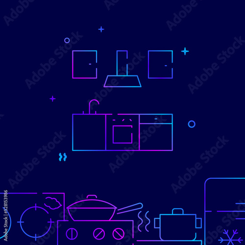 Kitchen set gradient line vector icon, simple illustration on a dark blue background, kitchenware related bottom border.