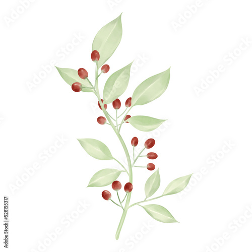 Watercolor floral illustration leaves and branches wreath. branch with red berries