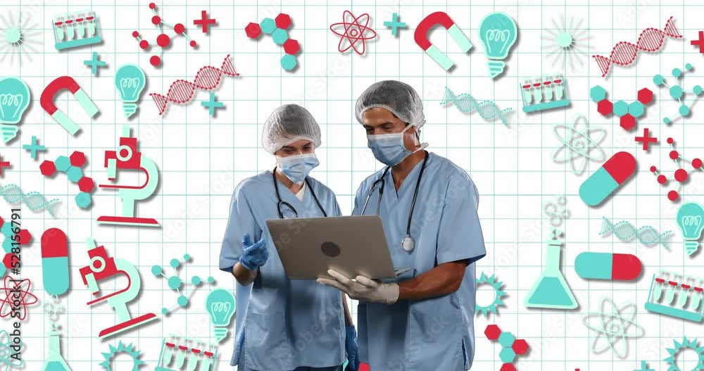 Two doctors using laptop against science concept icons on white lined paper Two doctors using laptop against science concept icons on white lined paper