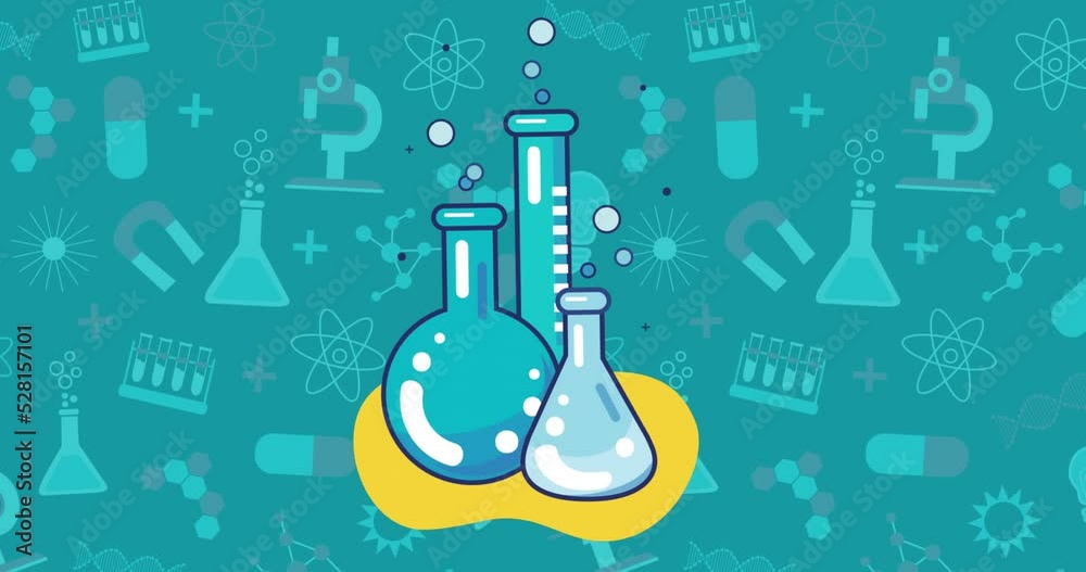 Laboratory beakers icon against science concept icons on blue background Laboratory beakers icon against science concept icons on blue background