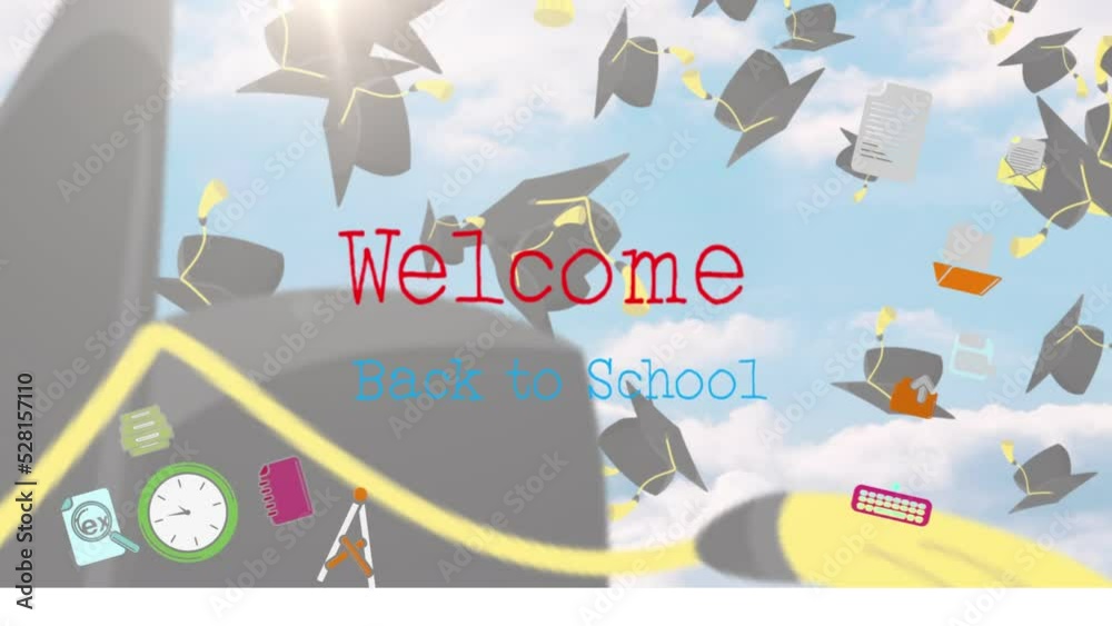Welcome back to school text over graduation hats falling against blue sky