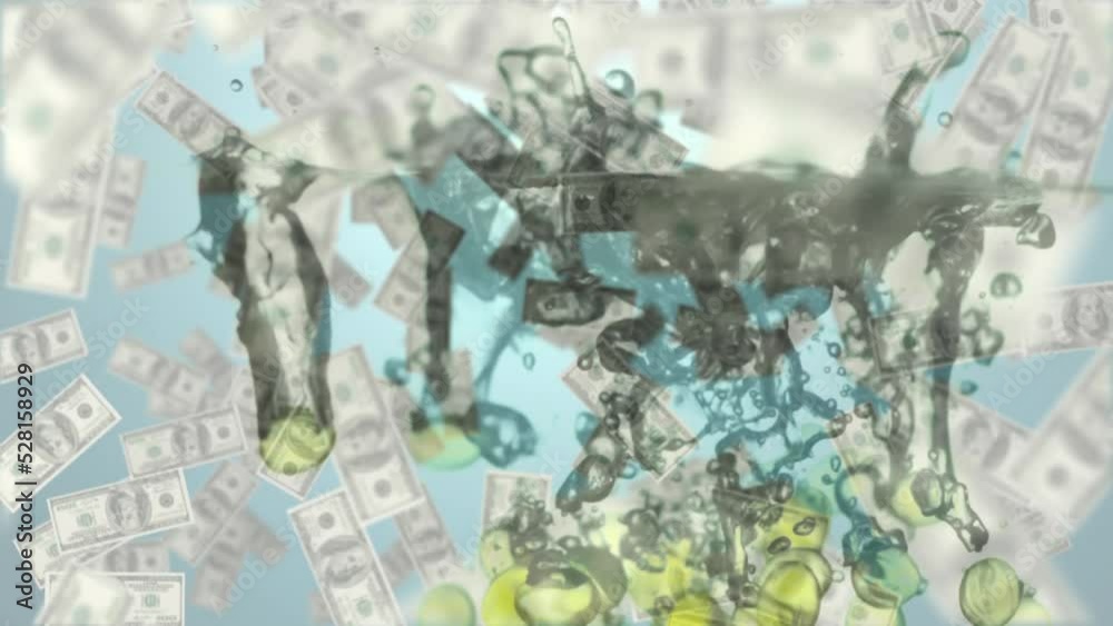 Animation of falling pills into water over floating banknotes on the light background Animation of falling pills into water over floating banknotes on the light background