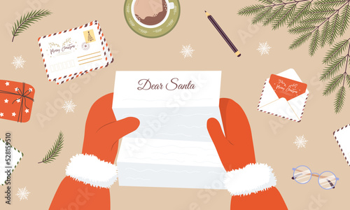 Santa claus hands holding childish letter. Receiving Christmas postcard with congratulations and wish list. Top view. Vector illustration in flat cartoon style. Winter holidays.