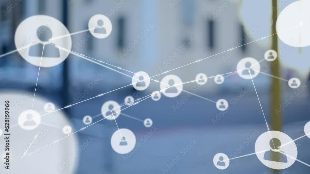 Animation of network of connections with icons over cityscape Animation of network of connections with icons over cityscape