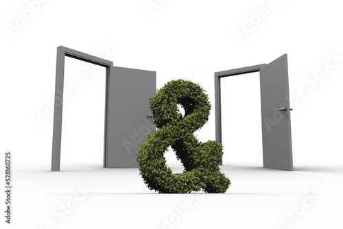 Ampersand of topiary in middle of open doors