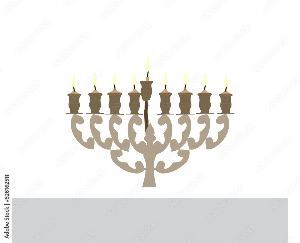 Happy Hanukkah, Jewish Festival of Lights scene with people, happy families with children. Happy Hanukkah lettering in Hebrew. Original Hebrew font logo with Hanukkah menorah (candelabra) for postcard