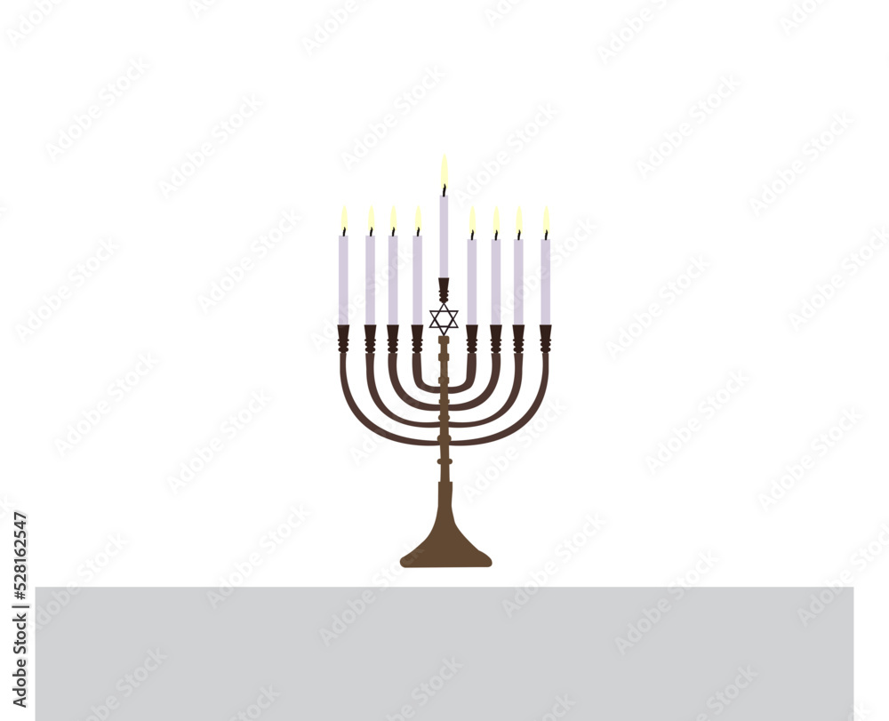 Happy Hanukkah, Jewish Festival of Lights scene with people, happy families with children. Happy Hanukkah lettering in Hebrew. Original Hebrew font logo with Hanukkah menorah (candelabra) for postcard