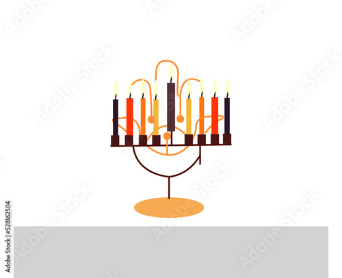 Happy Hanukkah, Jewish Festival of Lights scene with people, happy families with children. Happy Hanukkah lettering in Hebrew. Original Hebrew font logo with Hanukkah menorah (candelabra) for postcard