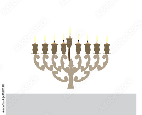 Happy Hanukkah, Jewish Festival of Lights scene with people, happy families with children. Happy Hanukkah lettering in Hebrew. Original Hebrew font logo with Hanukkah menorah (candelabra) for postcard