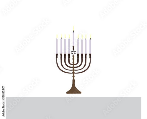 Happy Hanukkah, Jewish Festival of Lights scene with people, happy families with children. Happy Hanukkah lettering in Hebrew. Original Hebrew font logo with Hanukkah menorah (candelabra) for postcard
