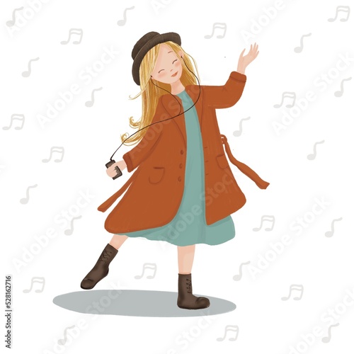 Energy girl with headphones listening to music with closed eyes. She wears a dress, coat, trench coat and hat. The illustration for postcards, posters, invitations and more.